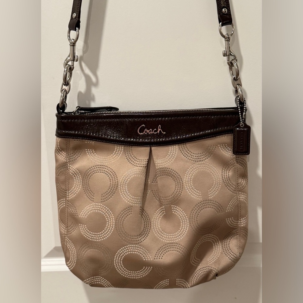 Coach Signature Jacquard Crossbody Bag Brown Leather Trim - Picture 3 of 12